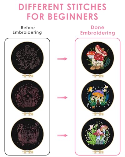 Image of TINDTOP Embroidery Kit for Adult, Mushroom Embroidery Stitch Practice kit | Include Embroidery Cloth Hoops Threads for Craft Lover Hand Stitch