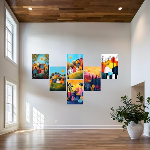 Image of SiddArtify Colorful Village Wall Art Prints Set - Whimsical Landscape Poster Decor for Living Room Bedroom Office - 8x12 Sticker Pack of 6