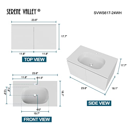 Serene Valley Bathroom Floating Vanity With Hinged Cabinet, Square Sink Bowl With Matching Pop-Up Strainer, 24" Solid Surface Material In Matte White, Svws617-24Wh #TOP1