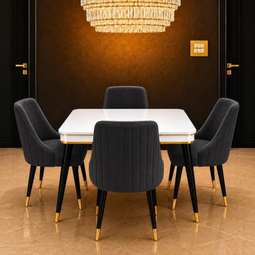 Image of WOODEN SPACE 4 Seater Wooden Dining Table Set | Urban Marble Top Dining Table with Chairs for Dining Room & Kitchen (Modern Infinity Backline Dark Grey) (42 x 42 x 30 inch)
