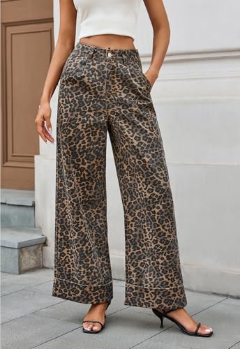 Womens High Waist Wide Leg Jeans Trendy Baggy Cuffed Denim Pants Leopard Loose No Stretchy Jeans with Pockets2