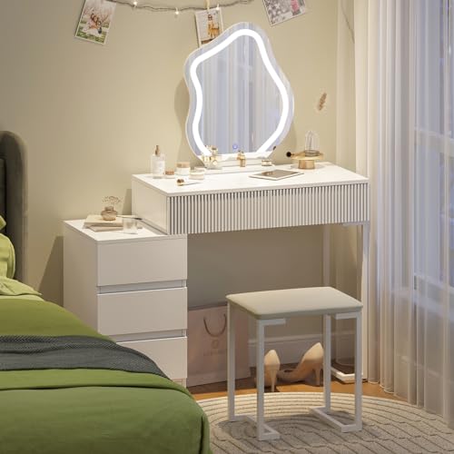 Hello-5ive Tocador con espejo LED y taburete, escritorio de tocador con 5 cajones y 3 luces ajustables, espejo en forma de nube - Escritorio de maquillaje para dormitorio