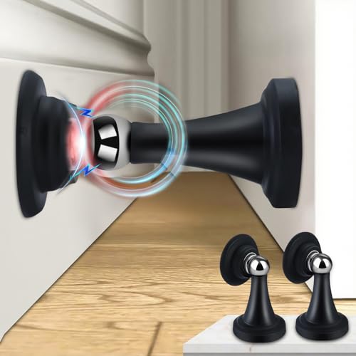 Gluckluz Magnetic Door Stopper No Drilling Wall Protector 2 Pack Heavy Duty Door Holder Catch with Adhesive Tapes for Floor Wall Mounted Keep Door Open Apartment (Black)