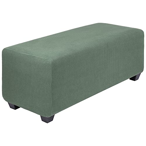 PiccoCasa High Stretch Ottoman Cover with Elastic Bottom, Soft Slipcover Jacquard Fabric Small Checks Rectangle Storage Stool Cover Furniture Covers Asparagus X-Large