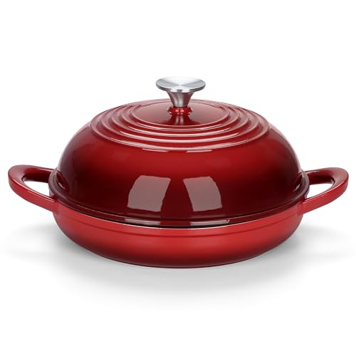 E-far Dutch Oven for Sourdough Bread Baking, 6 Qt Round Enameled Cast Iron Dutch Oven for Homemade Artisan Bread, Dome Lid & Shallow Base, Matte Black Interior & Durable, Oven-Safe to 500?, Red