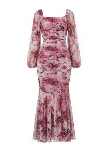 Elegant Floral Mermaid Evening Gown, Long Sleeve Maxi Dress, Burgundy Rose Print, Square Neck, Fitted Bodice with Flared Hem