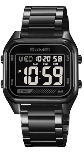 Gosasa Luxury Men's Digital Watch Retro Stainless Steel Square Dial Timepiece with LED Backlight, Chrono, Alarm, Dual Time, Waterproof 30M Elegant Metal Strap Gift Watch (Black Black)