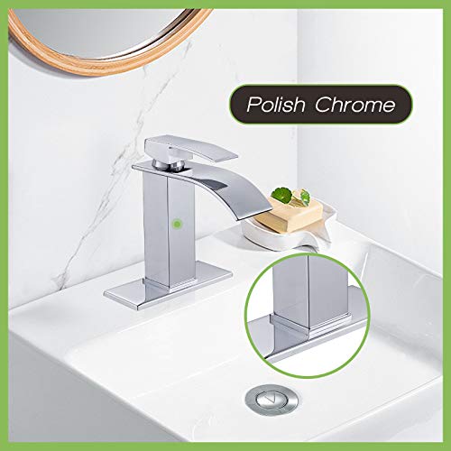 Waterfall Spout Bathroom Sink Faucet Polish Chrome Single Handle 1 Hole Deck Mount Basin Mixer Tap with Deck Plate Lavatory Vanity Sink Faucet Solid Brass Include Pop Up Drain with Overflow