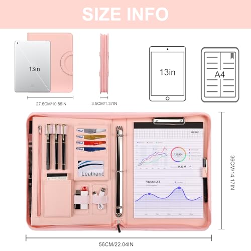Image of Leathario Portfolio Binder, Includes 5 Folder Index Dividers, 13 Inch Tablets Organizer with Handle, Vegan Leather A4 Padfolio, Multi-Pocket Notepad Business Planner Professional Document