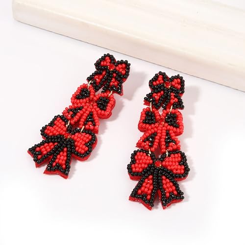 Bow Earrings Beaded Game Day Earrings for Women Triple Ribbon Bow Drop Dangle Earrings Football Baseball Game Day Party Favors Sports Fan Jewelry Gifts3