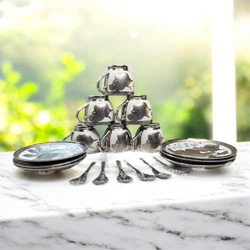 Image of DMRD-Elegant Ceramic Tea 18 Piece Set |Gold-Plated Cups with Saucers Spoons | Luxury Floral Designer Gift |Home & Party Tea Set with Kettle | Ceramic Pot Floral Aesthetic | Crockery (Silver)
