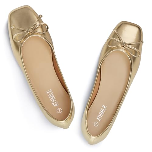 ATHMILE Womens Ballet Flats with Bow Ballerina Closed Square Toe Slip on Square Toe Comfortable Flats Shoes for Women Dressy Causal 2026 Fashion Size 6-11 Gold