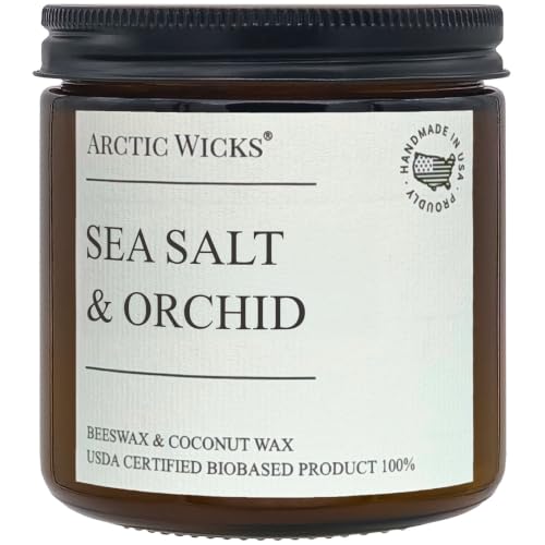 Sea Salt & Orchid Candles | Arctic Wicks Coconut Beeswax Candles | 16oz Amber Scented Candle for Spring Summer Decor Gifts Marine Ocean Mist Sea Salt Beach Non-Toxic Candle | USDA Certified Biobased