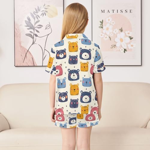 Cartoon Colored Bear Face Summer Satin Pajama Set, Cute Button-Down Sleepwear Pj Set for Sleep Wears4