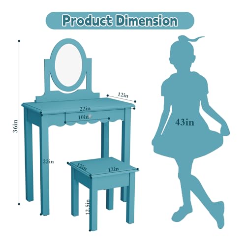 Image of HLR Little Girls Vanity Set with Mirror and Stool,Wooden 2 in 1 Princess Makeup Desk Dressing Table with Detachable Top,Toddler Vanity Dresser Set with Drawer,Blue