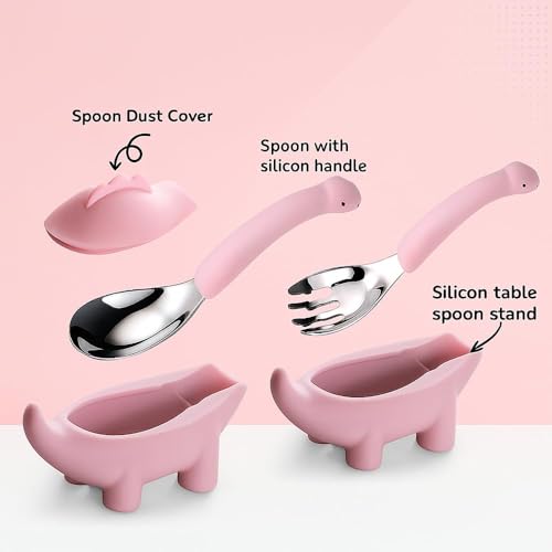 Image of Baby Spoon and Fork Set, Purple Silicone Toddler Cutlery Set with Dinosaur Case, 2 Pc, Self Feeding Utensils for Baby Meals School and Travel, Mealtime Essential
