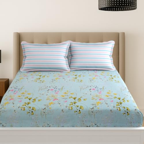 Image of Mafatlal Plush 140 GSM Double Bed Sheet | Lightweight Microfiber | 90 x 100 Inches | Queen Size | Skin-Friendly, Long-Lasting Comfort | Sky Blue