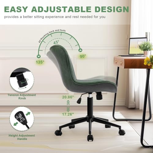 Image of Armless Office Chair, Height Adjustable Desk Chair with Wheels, Ergonomic Comfy 360 Swivel Home Office Computer Task Chair, Faux Leather Padded Cute Vanity Chair,Green