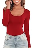 Kindcall Red Bodysuit Women Clothing Long Sleeve Workout Tops Leotards for Women Tummy Control Large