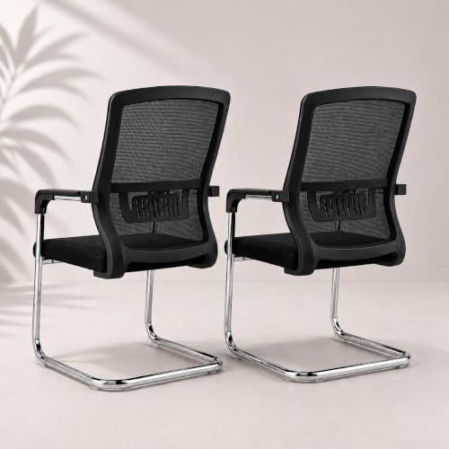 Image of OfficeCore | Visitor Chair with Arm Rest | Office Reception | Chrome Cantilever Metal Frame | Mesh Back | Study Chair Without Wheels (2, Dark Black, Mesh Back)
