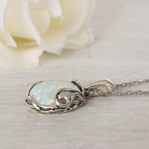 925 Sterling Silver White Opal Large Pendant; Libra Natural March Birthstone Round Pendant; Antique Jewelry For Women ; Handmade Vintage Style Fire Opal Stone Necklace For Women #TOP3