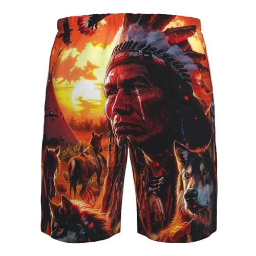 Native American Chief Horse Wolve and Eagle Orange Men's Quick Dry Swim Shorts, Mesh Lined Beach Trunks with Pockets3