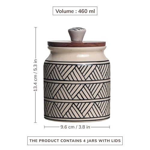 Image of Ceramic Jar & Container for Kitchen Storage Set | Multi Utility Air Tight Kitchen Organizer Items | Tea Coffee Sugar Containers with Wooden Lids (Hand-Painted, 460 ML, Pack of 4)