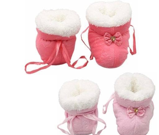New Born Baby Booties Fancy Socks Cum Shoes with Fur Design for Winter and All Seasons Unisex Booties (Toe to Heel Length - 12 cm, Red,Baby Pink) Pack of 2-picture-11