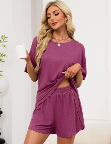 Image of JUSTFASHIONNOW Womens Pajama Sets Shorts Striped Print Two Piece Lounge Sets Crew Neck Sleepwear Split Shorts Set Soft Pjs