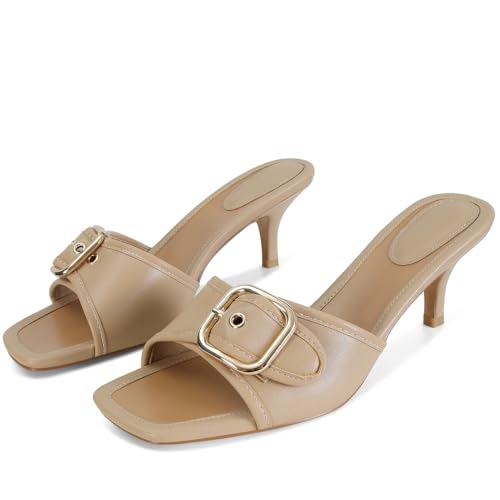 Image of Dsevht Black Kitten Heel Sandals Stiletto Low Heels Slip On Slides Mule Sandal Square Open Toe Dress Shoes for Women