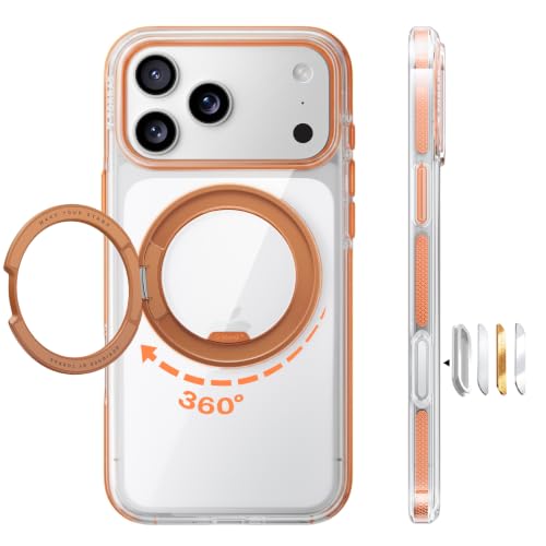 TORRAS 360 Magnetic Stand for iPhone 17 Pro Max Case Ultra Clear Orange | Fit for MagSafe, 4X Mil-Grade Protection, Slim Non-Slip Case with Camera Control Button, Cosmic Orange 6.9", O3 Ligh