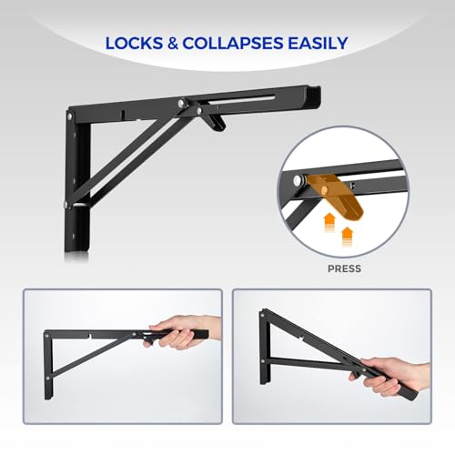 Image of Ravinte 4 Pack 16 Inch Folding Shelf Brackets - Matte Black, Heavy Duty Collapsible Brackets for Tables and Benches - Space-Saving Design