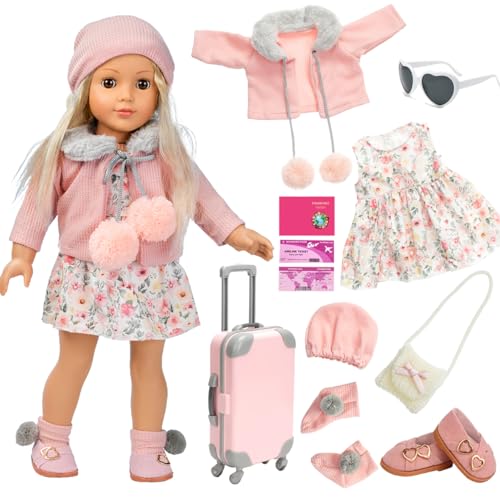 ARTST 18 Inch Doll Clothing Dress Outfit Set with Hat, Shoes, Socks and Waist Bag