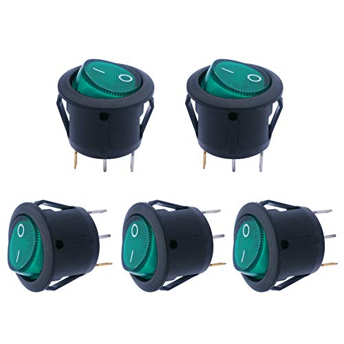 mxuteuk 5個緑色光照明スナップインラウンドボートロッカースイッチトグルパワーSPST オン/オフ 3ピンAC 250V 6A 125V 10A、自動車用オートボート家電用MXU1-5-101NG