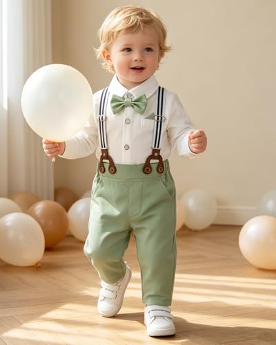 Image of SALNIER Baby Boy Suit Set Infant Formal Outfit Tuxedo | Soft Cotton Shirt Suspenders Pants Bow Tie Beret Hat 5pcs Set, For Wedding Baptism Birthday Party
