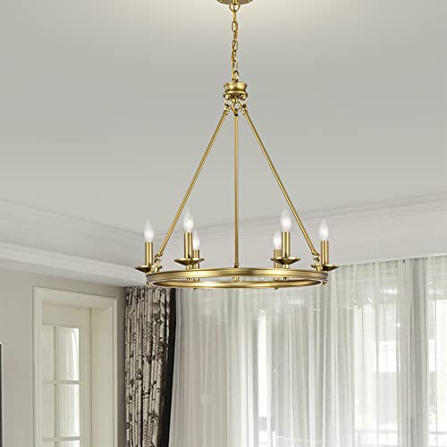 Warehouse Of Tiffany Leontia 25 Inch Mid-Century Modern Wagon Wheel Style Brass Finish Ceiling Lighted Candle Chandelier 6-Light, Brass Gold (Pd021/6Bs) #TOP1