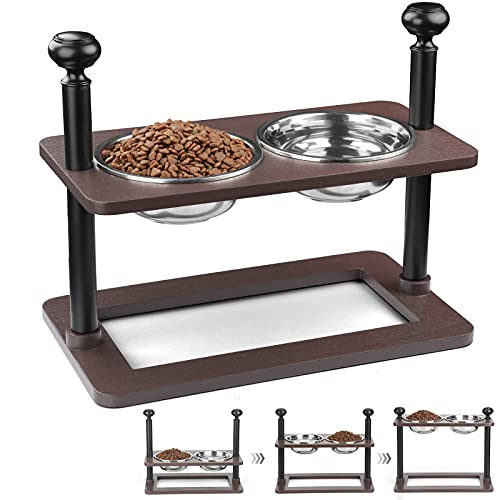 Keebofly Dog Bowls Elevated Dog Bowls Stand Raised Dog Food Bowls with 2 Stainless Steel Bowls Pet Dog Cat Feeder Adjustable 3 Settings 5in 8in 12in for Large Medium Small Dogs Espresso Color