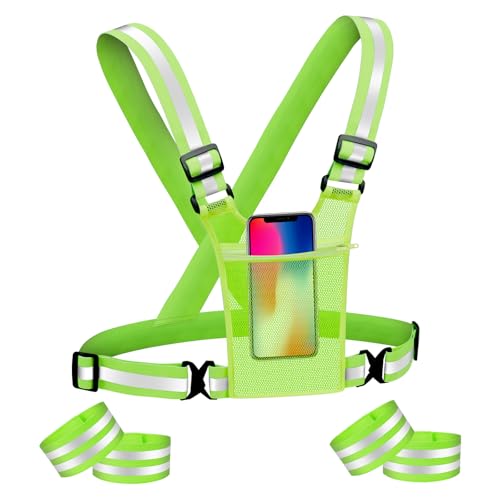 Adiwo Kit di Sicurezza Riflettente, Giubbotti Regolabili e 4 Braccialetti Elastici, per Ciclismo, Corsa ed Escursionismo (Verde Fluorescente)