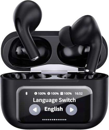 AI Translation Earbuds Real Time, 144 Languages Translator Earbuds with Touchscreen, Noise Cancelling & 5 EQ & 48H Playtime, Ultra-Light Open Earbud for Travel, Business, Language Learning (Black)