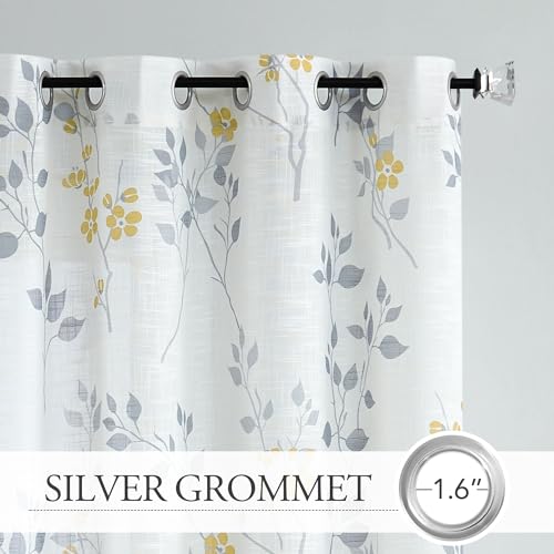 Image of Beauoop Floral Linen Semi Sheer Curtains Living Room Yellow Grey 50x96x2