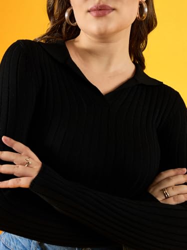 Image of 98 Degree Women Pure Cotton Collar Neck Sweater Has A Full Sleeve & Straight Hem-AW25AZG1165-BLACK