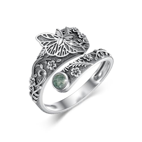 ABIGY Anillo de polillas para mujer de plata de ley 925, anillo de ágata musgosa, ajustable, joyas de animales, Navidad, Día de la Madre, cumpleaños, regalo para hermanas, madres, hijas, amigos