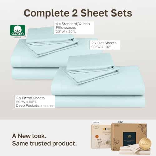 Image of 2-Pack Soft Natural 100% Cotton Sateen Queen Sheet Set Deep Pocket, Seafoam