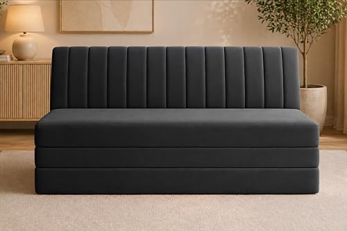 Image of Modern Velvet 3-Seater Sofa Cum Bed, Convertible Sleeper Couch Sofa for Living Room, Bedroom & Office-Black