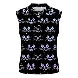 Damen Ärmelloses Polo Shirt Katzenmotiv Vollprint Kragen Knopfleiste