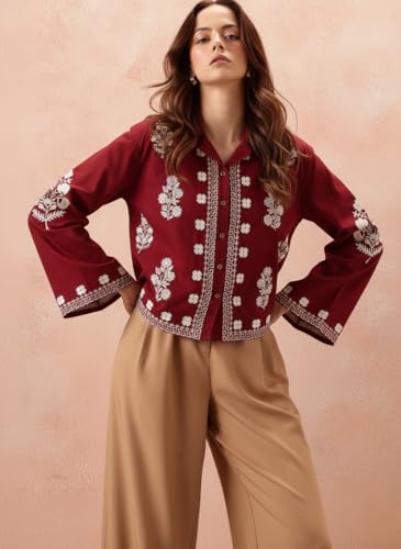 Image of Bee M Pee Designer Women's Embroidered Korean Crop Shirt | Full Bell Sleeves Western Tops for Woman Stylish | Oversized Formal /Casual /Office Wear Cotton Shirts Top for Women