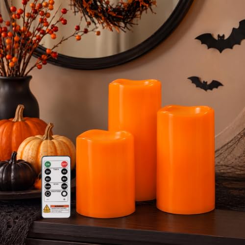 Image of Homemory Orange Outdoor Flameless Candles, Waterproof, Remote Timer, 3 Pack | Flameless LED pillar candles, D3 inchxH4 inch /5 inch /6 inch, IPX5 waterproof, outdoor candles, porch, patio, garden, Halloween decor