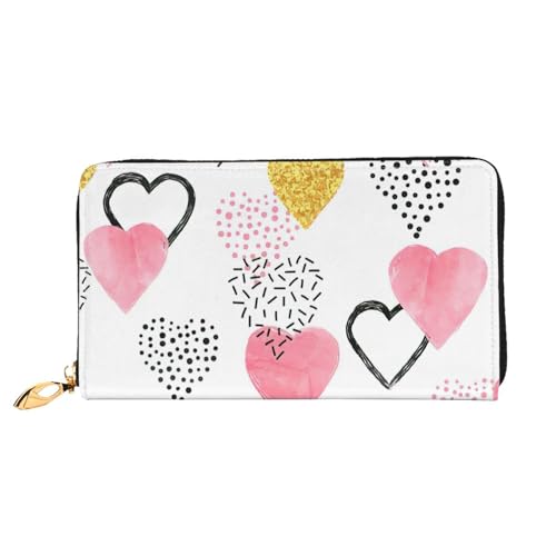 Portefeuille femme imprimé cœur rose doré : grande pochette longue en cuir et porte-cartes zippé