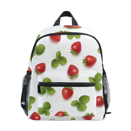 Red Strawberries Toddler Girl Backpack with Name Tag, Mini Kids School Backpacks Travel Bookbag, 3-8 Years