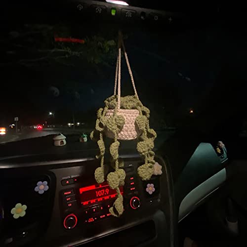 Cute Crochet Plant Car Mirror Hanging Accessories,Boho Handmade Rear View Mirror Accessories For Women,Green Car Interior Aesthetic Decor Truck Hanger Ornament Charm For Men #TOP7